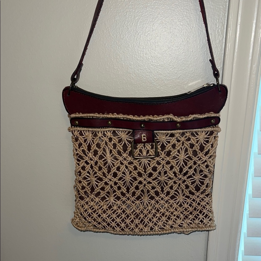 Vintage Woven Bag with Burgundy Leather Accents